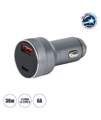 GloboStar® 85434 Φορτιστής Αναπτήρα Αυτοκινήτου Γρήγορης Φόρτισης PD 36W 6A με 1 Θύρα USB και 1 Θύρα Type-C Ασημί Νίκελ